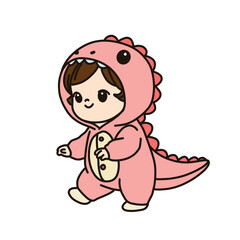  A charming cartoon illustration of a baby wearing a pink dinosaur onesie with an attached hood and tail. The baby looks happy and playful, making this image ideal for themes related to kids' fashion,
