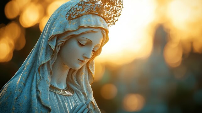Elegant White Statue of the Blessed Virgin Mary Illuminated in Sacred Light for the Assumption Celebration