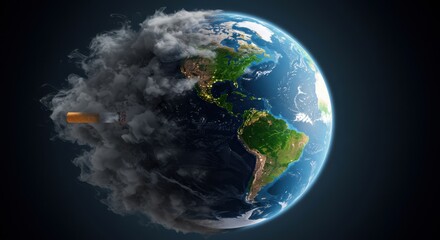 Naklejka premium Cigarette smoke polluting Earth. Concept of air pollution, smoking, and environmental damage.