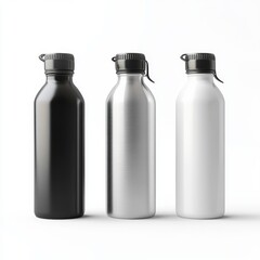 Three metal water bottles, studio shot, white background, product mockup