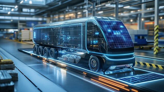 Futuristic electric truck on assembly line.