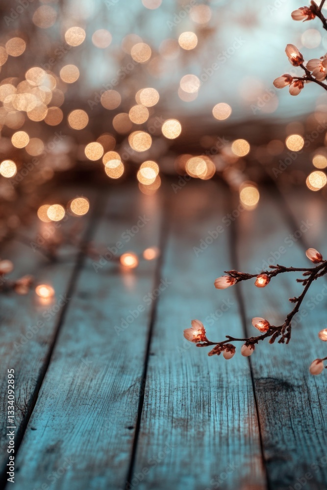 Poster a close-up shot of a tree branch with twinkling lights in the background, great for night scenes or 