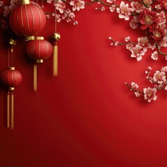 Elegant Red Chinese New Year Background with Lanterns and Cherry Blossoms