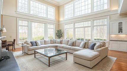 A spacious and well lit living room interior design