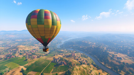 Vivid Hot Air Balloon Floating Serenely Above a Vast Countryside with Passengers Enjoying the Panorama