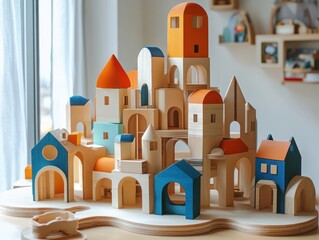 Colorful wooden city blocks toy, imaginative play