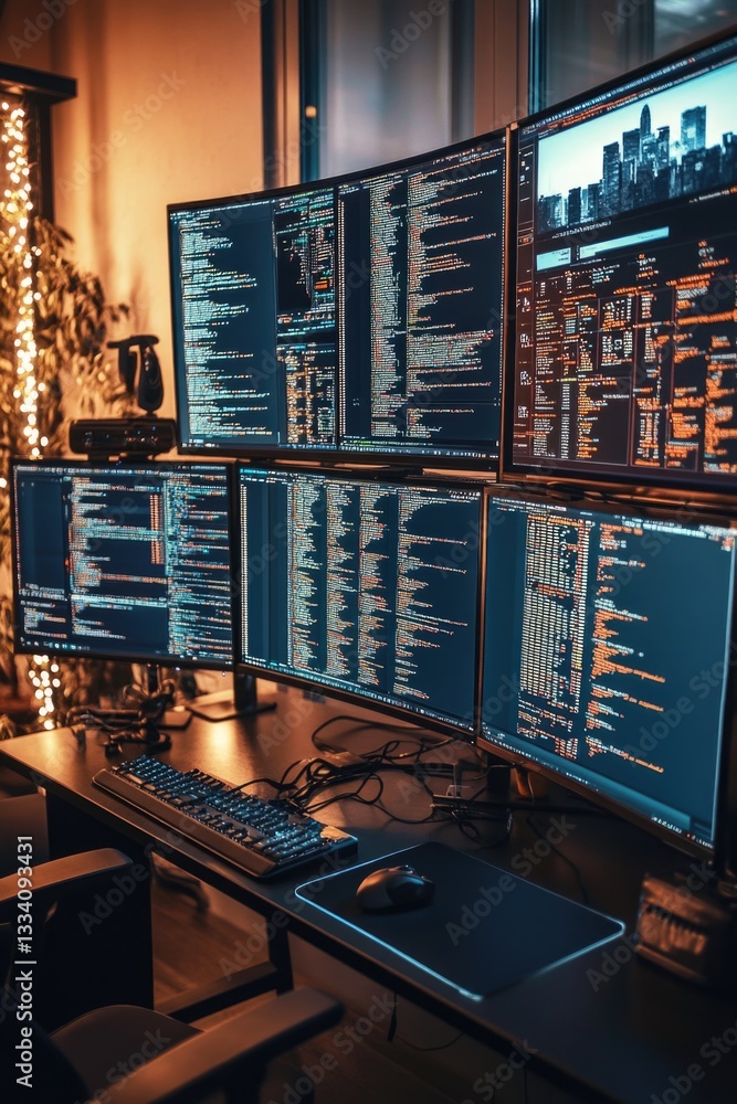 Poster A person's workspace with three computer screens and a keyboard, great for showing multitasking or gaming setups