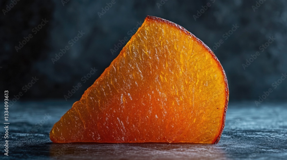Poster a close-up image of an orange slice sitting on a table, perfect for use in still life photography or