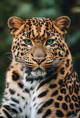 Fototapeta premium Stunning Close-Up of a Majestic Leopard with Striking Green Eyes and Distinctive Spot Patterns in a Natural Green Background