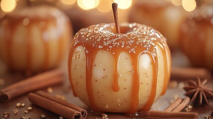 Caramel-Dipped Apple with Cinnamon and Sparkles in the Background. Generative AI