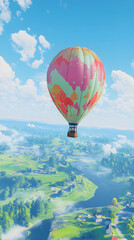 Naklejka premium Vivid Hot Air Balloon Floating Serenely Above a Vast Countryside with Passengers Enjoying the Panorama
