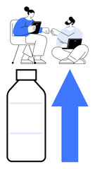 Two individuals collaborating using tablets, a large bottle symbolizing wellness, and an upward arrow representing growth. Ideal for teamwork, innovation, health, progress, technology, education