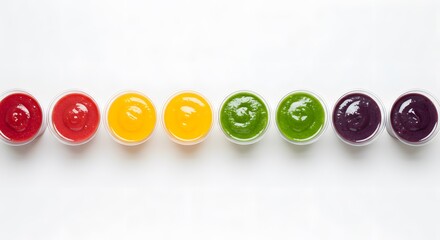 Colorful smoothies in cups healthy fruit drinks variety red kiwi food diet green berry mango lunch