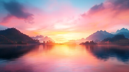 Fototapeta premium Nature's serene sunset reflection lake landscape eco-friendly environment tranquil view