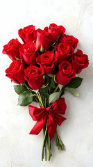A dozen red roses tied with a red ribbon on a white background
