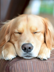 A golden retriever peacefully sleeps, its head resting on a brown surface, eyes closed