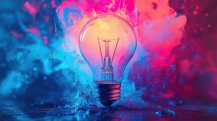 Colorful Paint Explosion from Light Bulb, Symbolizing Creative Energy and Innovation