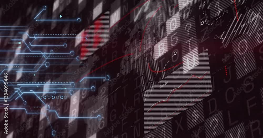Poster Overlaying digital data and graphs on abstract red and black animation background