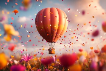 Obraz premium A vibrant 3D artwork of a hot air balloon shaped like a birthday gift, floating above a lively landscape with confetti raining down