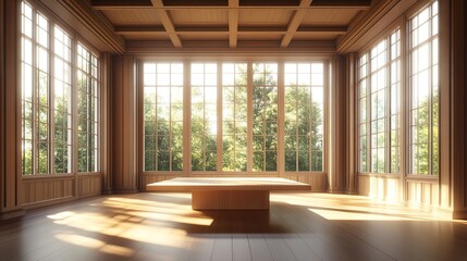 Naklejka premium Conference Room with Wooden Walls, Large Windows, and a Central Table