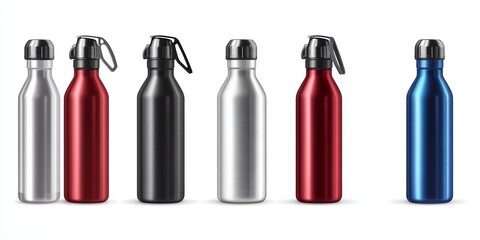 Multiple Stainless Steel Water Bottles, Assorted Colors, Isolated
