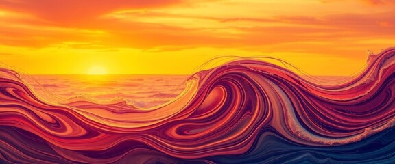 Abstract swirling design in warm sunset hues with textures evoking ocean, land, and sky, heritage, stock photo