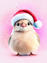 Adorable chick in Santa hat on pink background