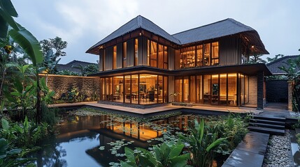Obraz premium Serene Tropical Villa with Reflecting Pond and Lush Greenery at Dusk