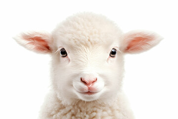 Fototapeta premium Adorable fluffy lamb close-up, facing forward on white background