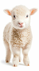 Fototapeta premium Adorable fluffy lamb standing on white background