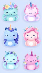 Obraz premium Adorable pastel-colored cartoon unicorns and flower-crowned creatures