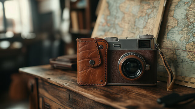 Vintage Leather-Clad Camera Resting on a Wooden Table Beside an Antique Map with Warm Natural Light
