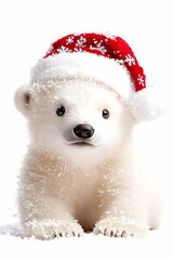 Adorable polar bear cub wearing a festive Santa hat