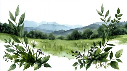 Obraz premium Lush Green Valley Surrounded by Mountains and Framed by Watercolor Leaves