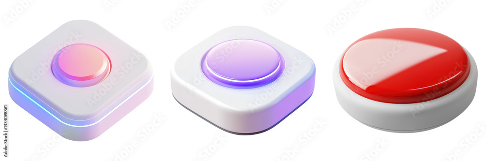 Poster three colorful buttons with glowing effects on transparency background