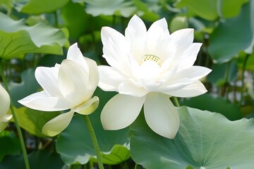 Stunning White Lotus Flowers Blooming in Pond