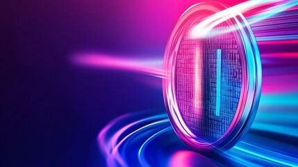 Vibrant neon coin on futuristic background.