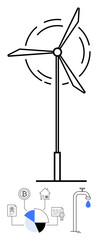 Wind turbine generating power, cryptocurrency, pie chart, smart home, and water conservation illustrate energy, sustainability, technology, economy. Ideal for green tech finance smart living