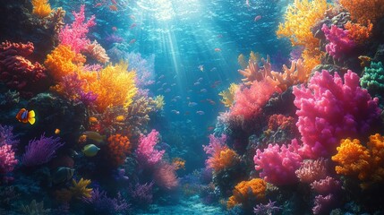 Fototapeta premium Colorful and vibrant coral reef teeming with tropical fish in a lively underwater scene. Generative AI