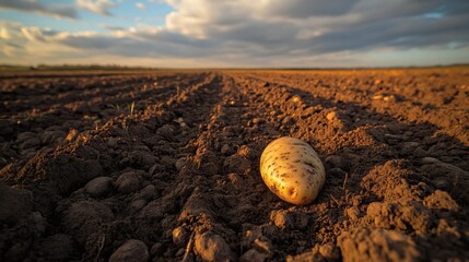 A single potato on plowed farmland under a cloudy sky