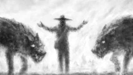 The gloomy wanderer met terrible wolves 2D illustration. Character in the genre of fantasy. Coal and noise effect. Black and white background. 