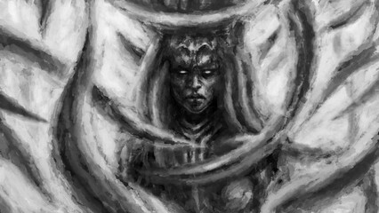 Dark queen illustration. Character in the genre of fantasy. Coal and noise effect. Black and white background. 