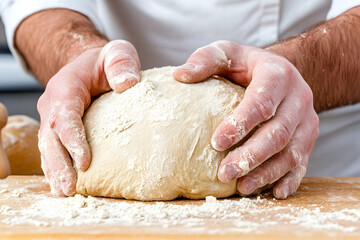 Baker's hands shaping a ball of dough on a wooden surface