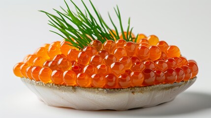 A captivating close-up showcases a pristine bowl filled with glistening orange pearls of salmon roe, elegantly garnished with fresh green chives, set against a stark white backdrop