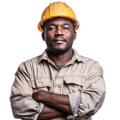 portrait of confident african american male worker or construction worker 35 years old in hard hat and work clothes, isolate on transparent background