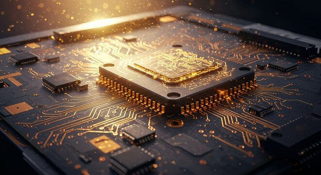 Futuristic microchip with glowing gold circuitry, AI processor, advanced semiconductor, high-tech motherboard, cyber technology, digital computing, artificial intelligence, electronic hardware