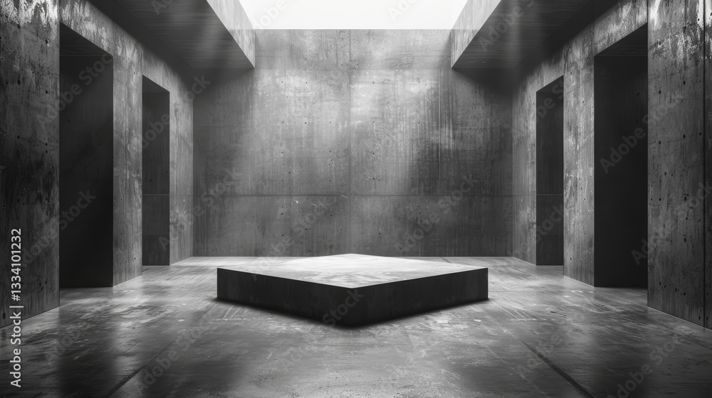 Poster a cavernous concrete space featuring a central platform illuminated by ethereal light emanating from