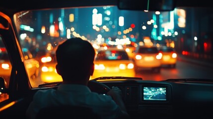 Captivating taxi driver view through city lights on a busy night road scene