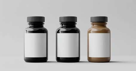Blank label bottles, three colors, studio mockup