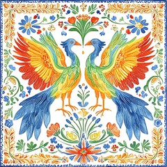 Obraz premium Vibrant Floral Tile Design Featuring Two Mythical Birds. A symmetrical artwork perfect for textile, wallpaper, or home decor projects.